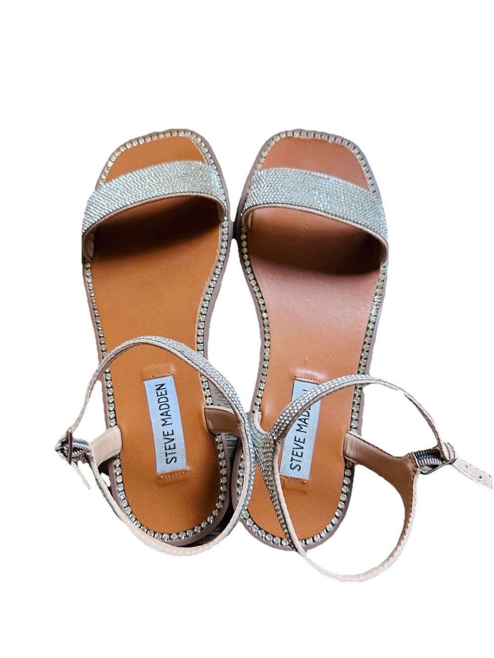 Steve Madden Rhinestone Strappy Slip-On Women's Sandals Beige Silver SZ 8 - Picture 6 of 10